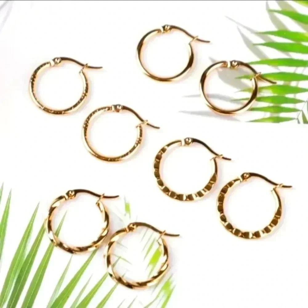4 Pairs Stainless Steel Circle Round 18k Gold Plated Earrings..NWT